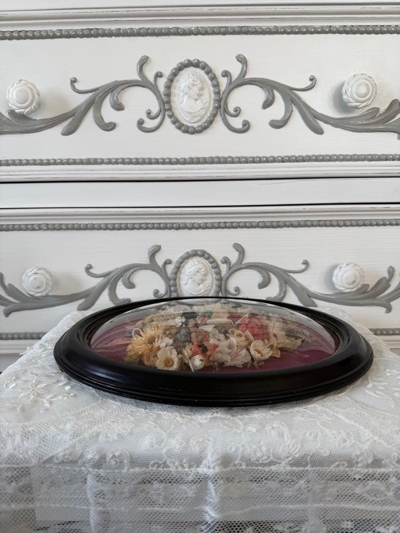 希少 フランスアンティーク お花のメダイヨン オーバルフレーム ドームガラス