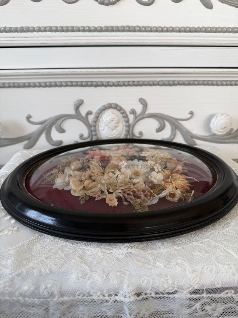希少 フランスアンティーク お花のメダイヨン オーバルフレーム ドームガラス