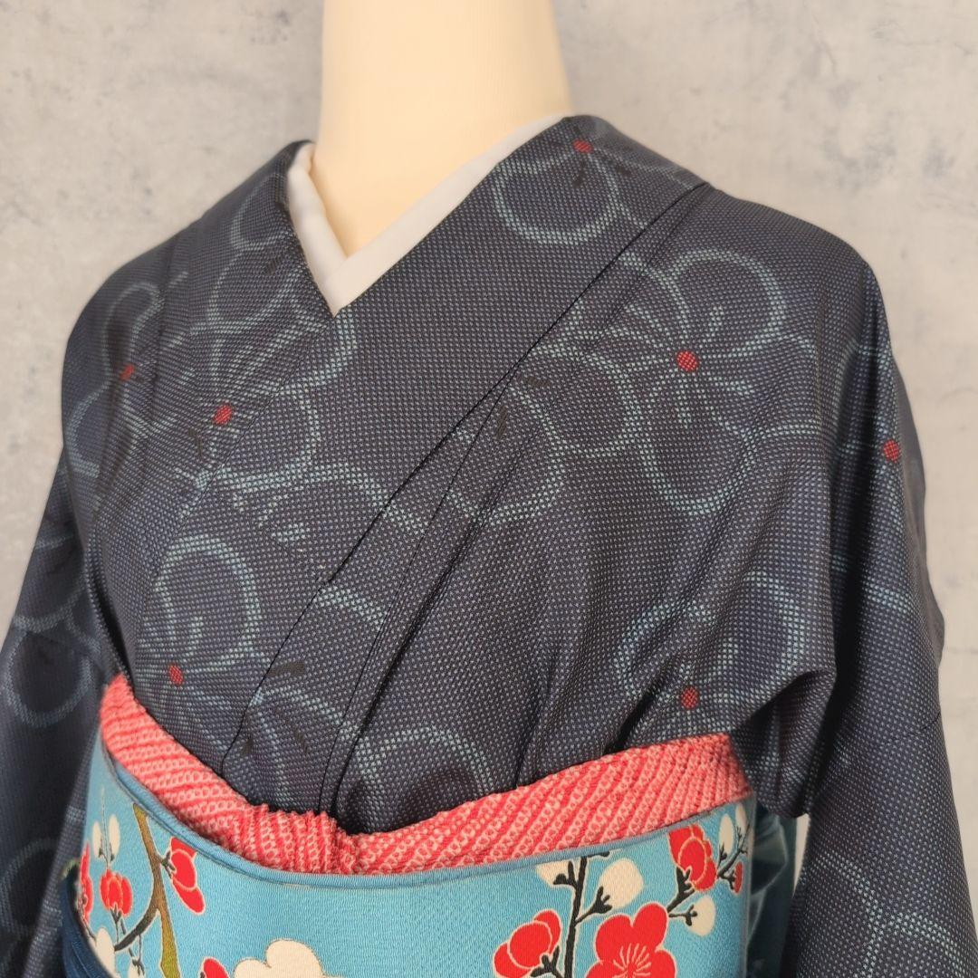 大島紬　フルセット　小紋　着物　正絹　花　帯梅　紺　着物備品　O7