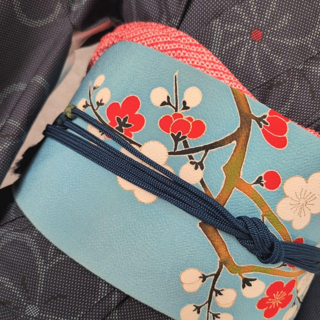大島紬　フルセット　小紋　着物　正絹　花　帯梅　紺　着物備品　O7