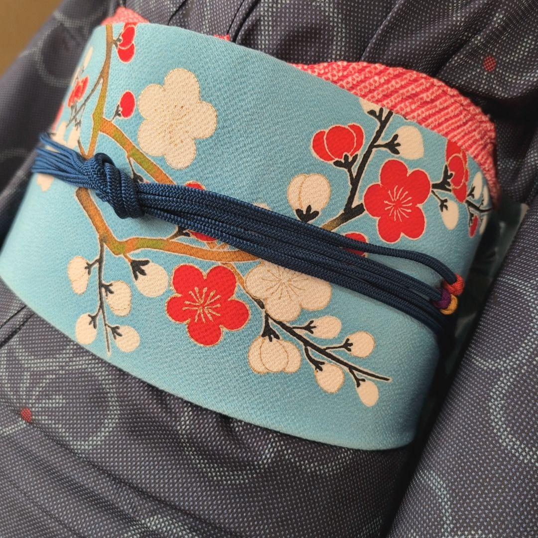 大島紬　フルセット　小紋　着物　正絹　花　帯梅　紺　着物備品　O7