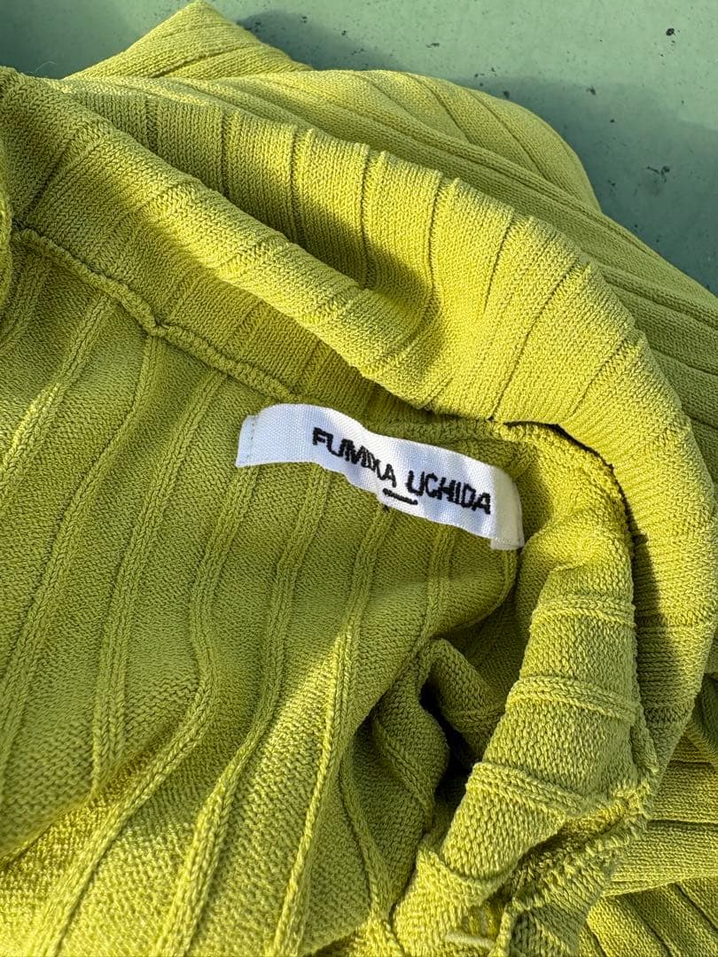 リブ編み ライムグリーン タートルネック ボディスーツ　FUMIKAUCHIDA