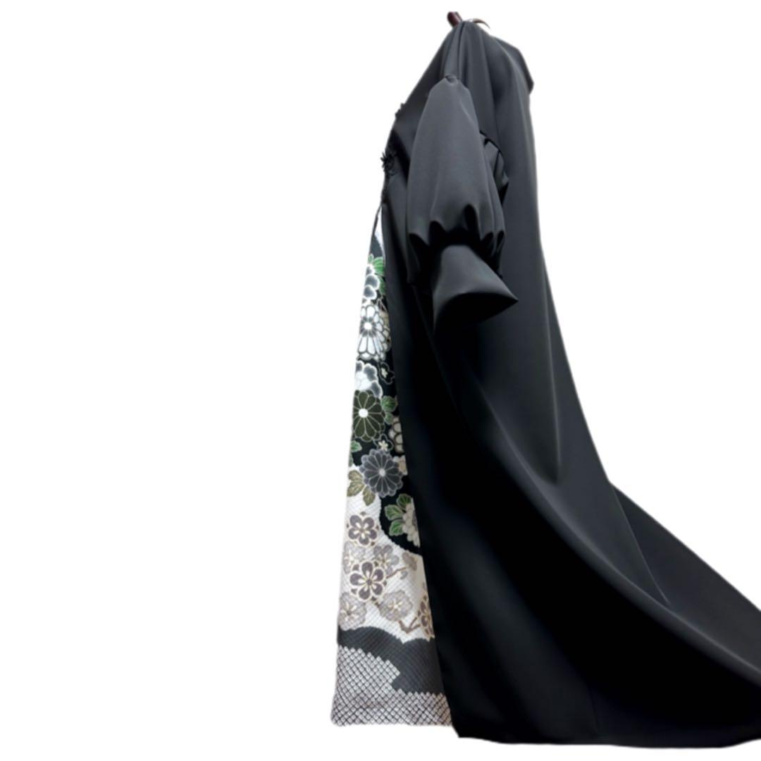 振袖　着物リメイク　ドレス　黒×菊や桜や藤の花　和柄　ワンピース　ハンドメイド