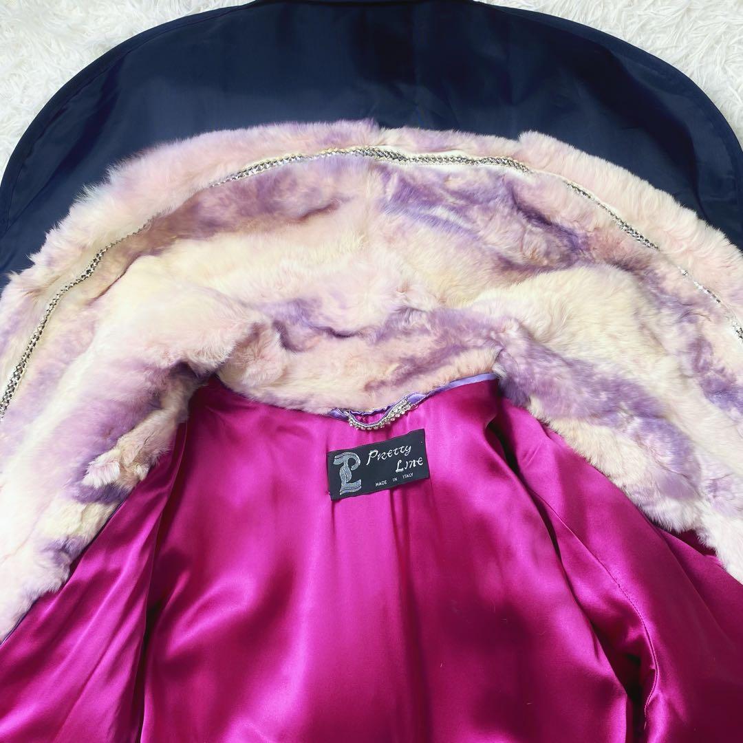 値下げ中 希少イタリア製 本毛皮コート ラインストーン 女優襟 裏地シルク100