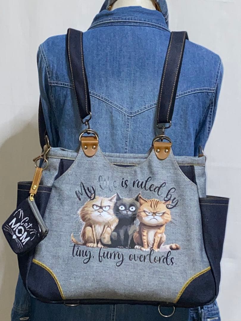☆両面リュック対応☆岡山デニム☆悪ネコ☆ステンシル☆4wayあおりバッグ