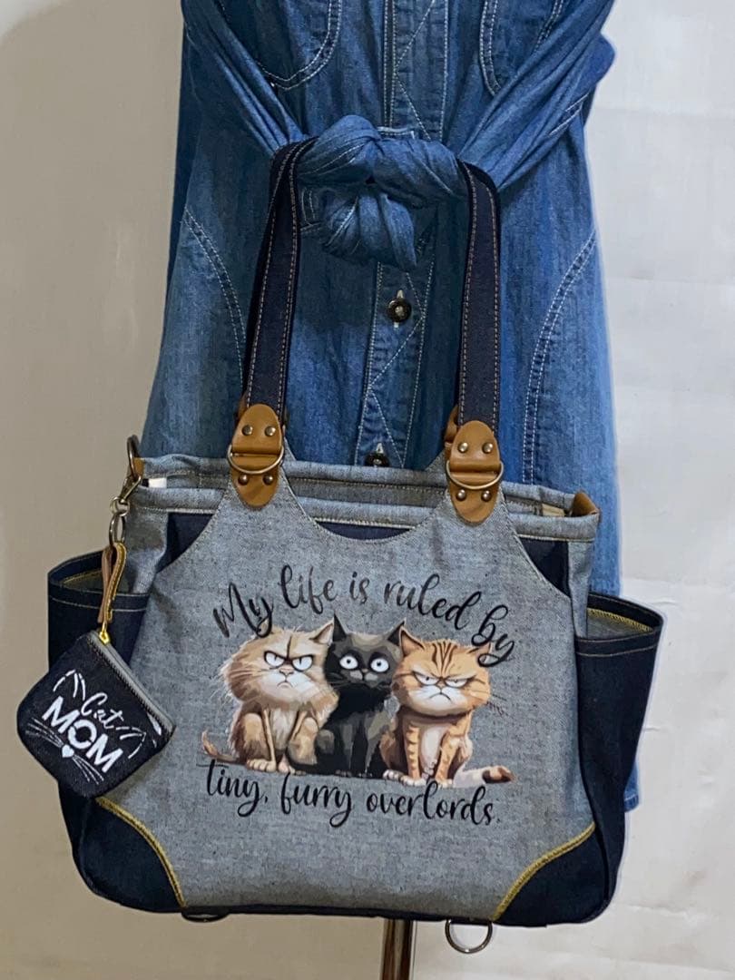 ☆両面リュック対応☆岡山デニム☆悪ネコ☆ステンシル☆4wayあおりバッグ