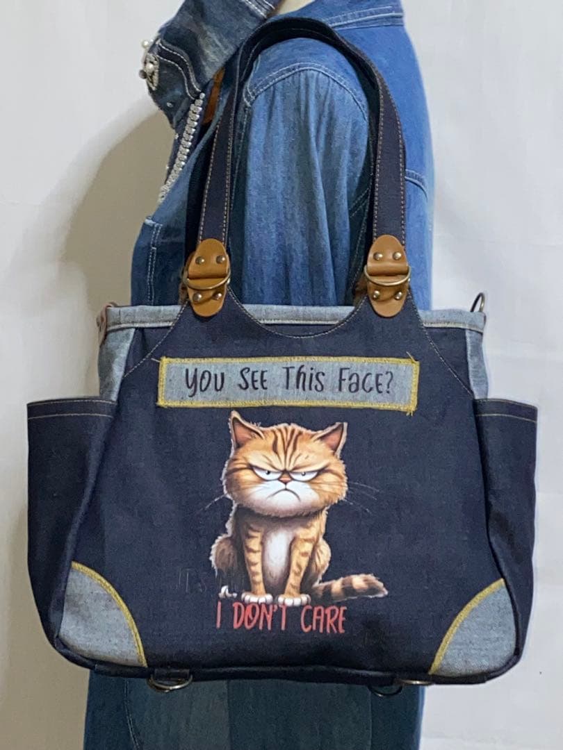 ☆両面リュック対応☆岡山デニム☆悪ネコ☆ステンシル☆4wayあおりバッグ