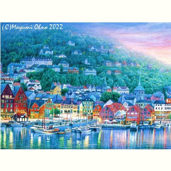 ノルウェー　ベルゲン　ヨーロッパ　風景画　水彩画　アクリル画　インテリア 北欧