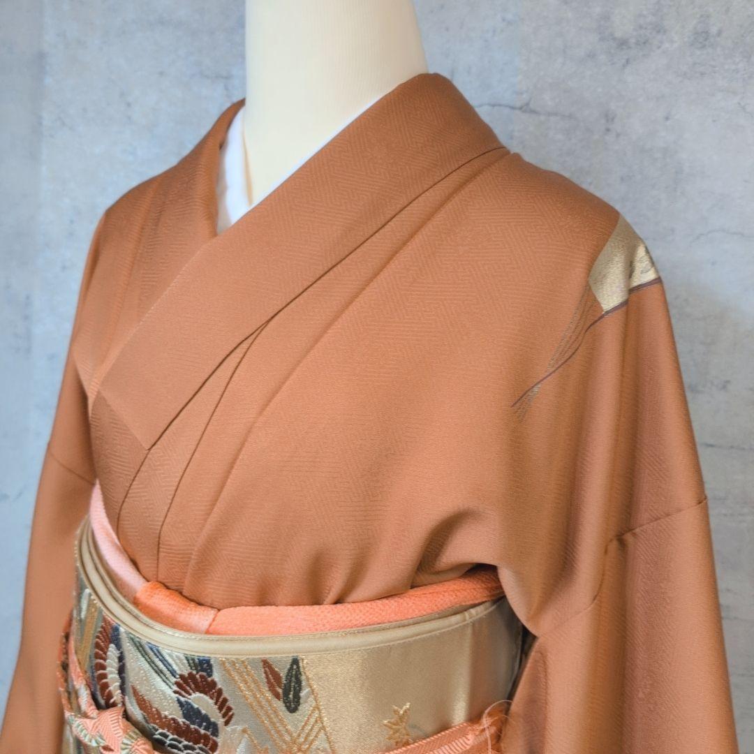 訪問着　フルセット　着物　正絹　赤茶橙　鳥　扇　梅　花　刺繍　しつけ糸　F2