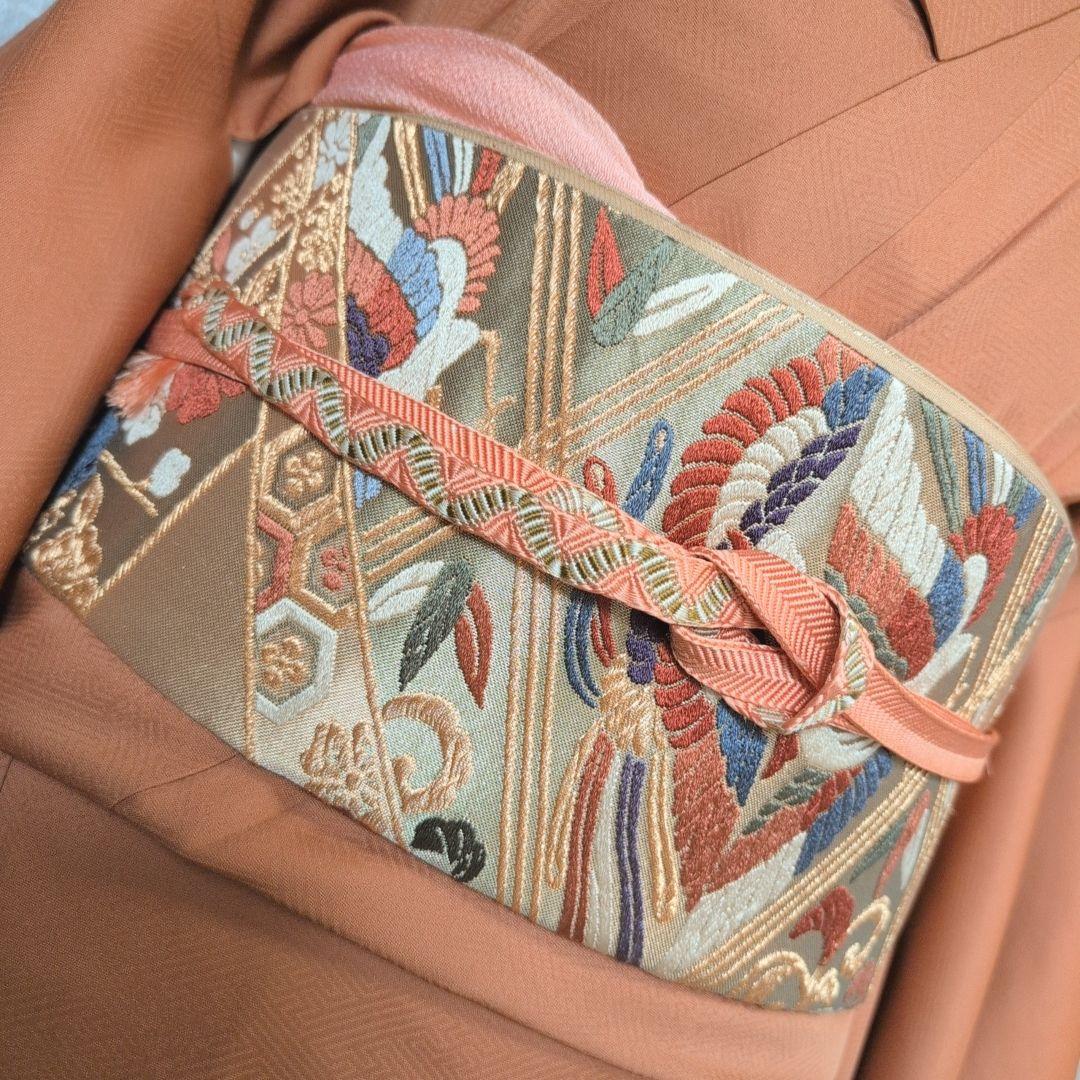 訪問着　フルセット　着物　正絹　赤茶橙　鳥　扇　梅　花　刺繍　しつけ糸　F2