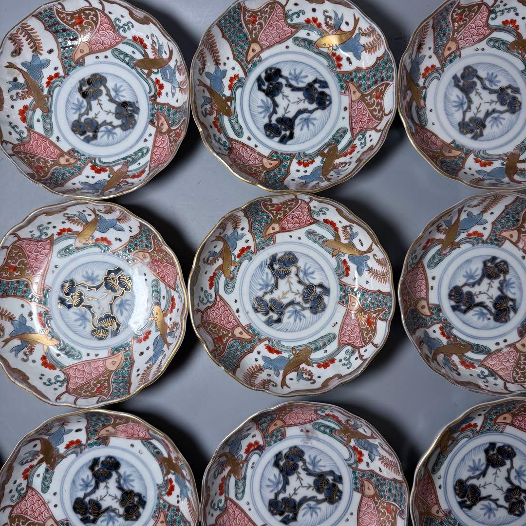 豪商旧蔵品　明治期　色絵鯉千鳥文膾皿　金蘭手　二十客　上手　金鯉　松竹梅　青海波