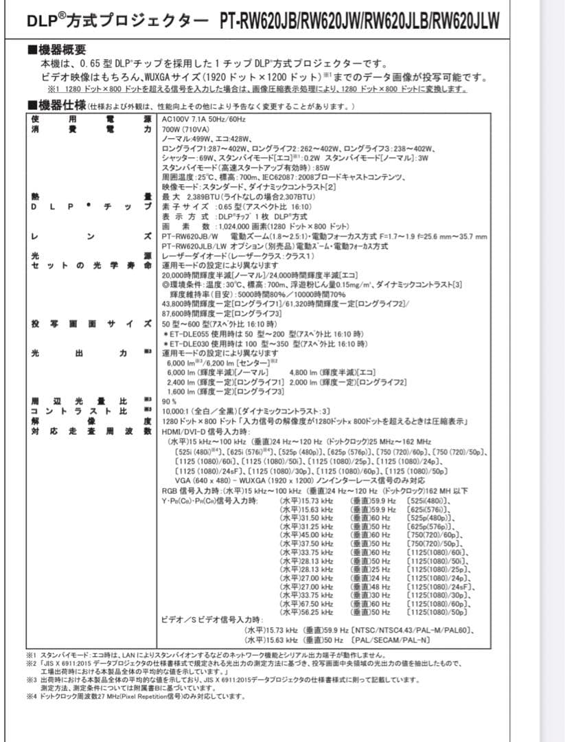 PANASONIC レーザープロジェクター　PT-RW620JW ★6200lm