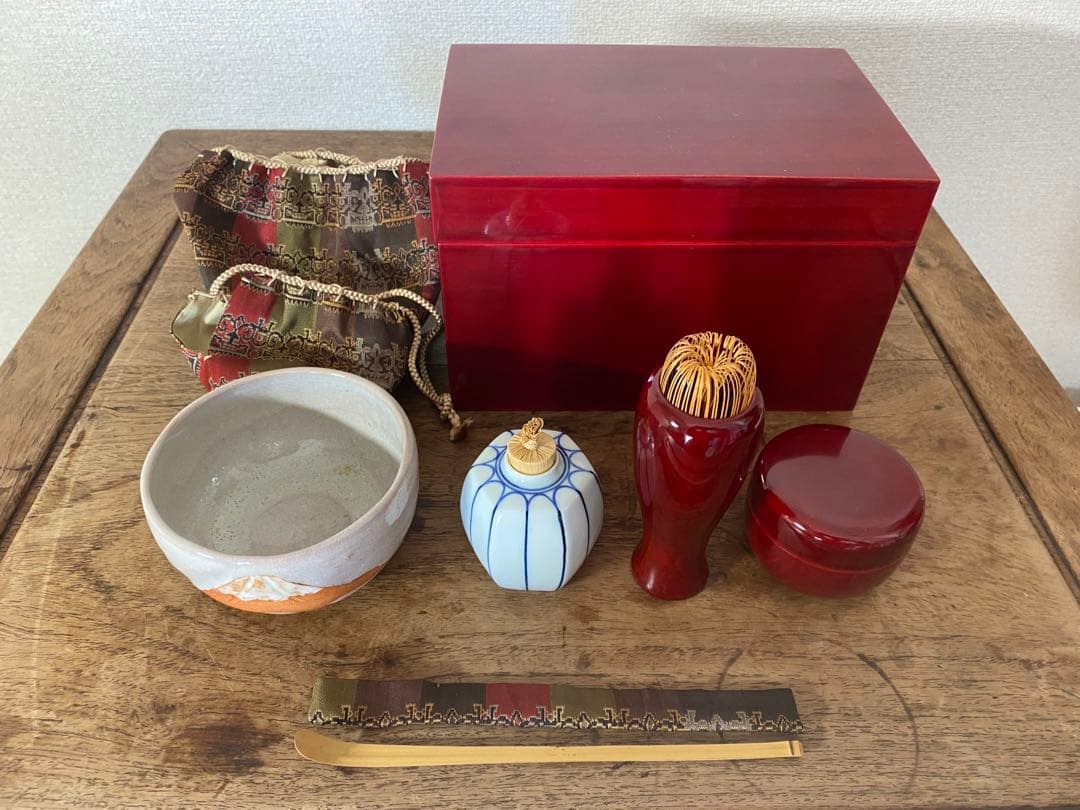初釜　茶道具　茶箱セット 富士山　赤膚　焼　春慶塗　仕覆