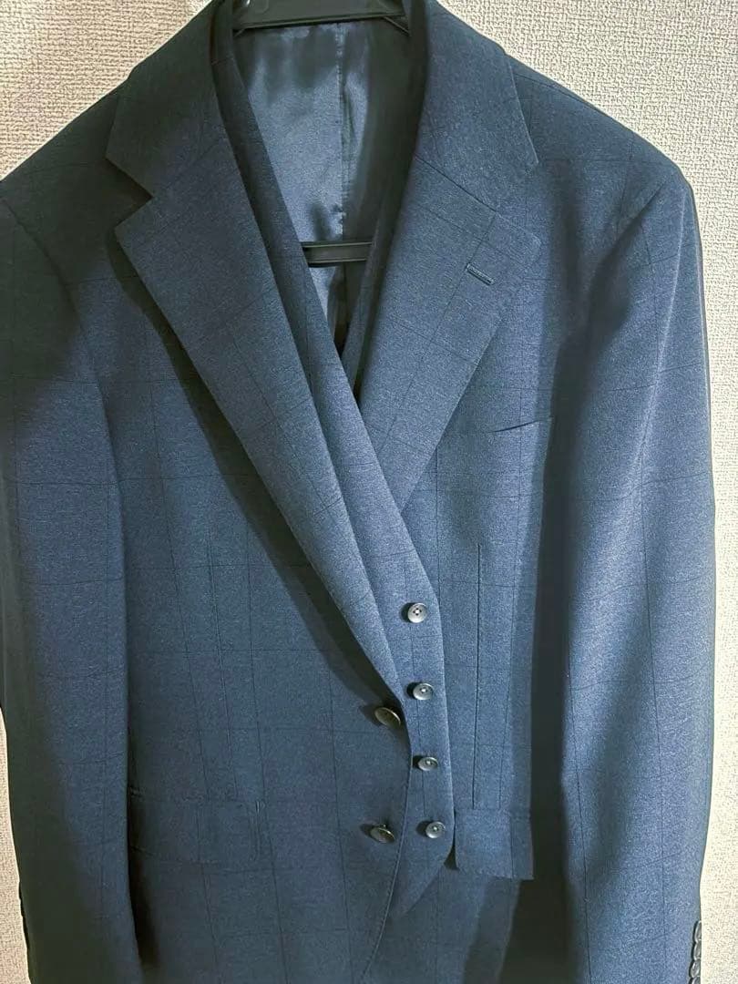 【超美品】スーツセレクト　3ピーススーツ　4Sシリーズ　ネイビーシャドーチェック