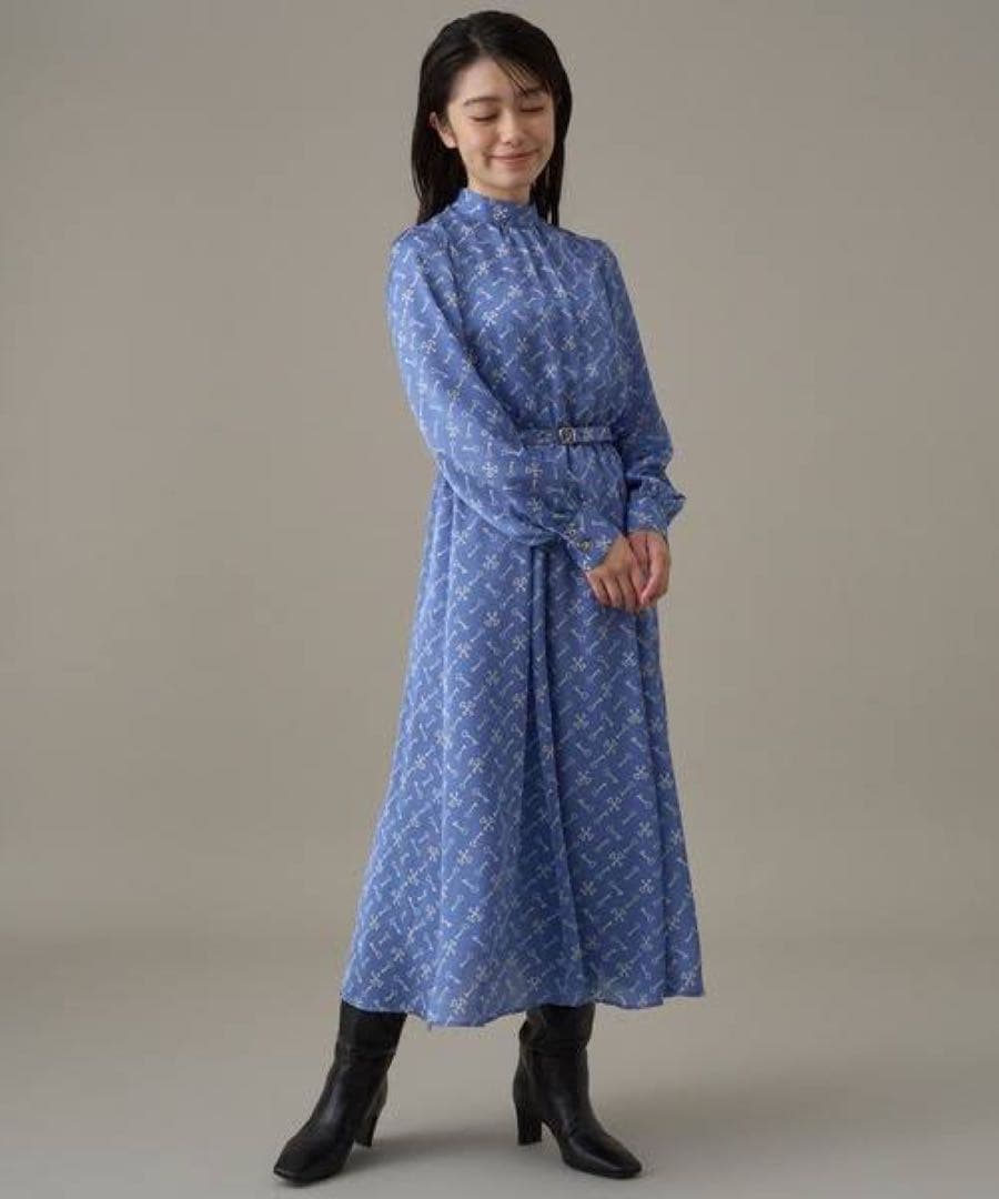 ANAYI キープリントスタンドカラーワンピース 水色