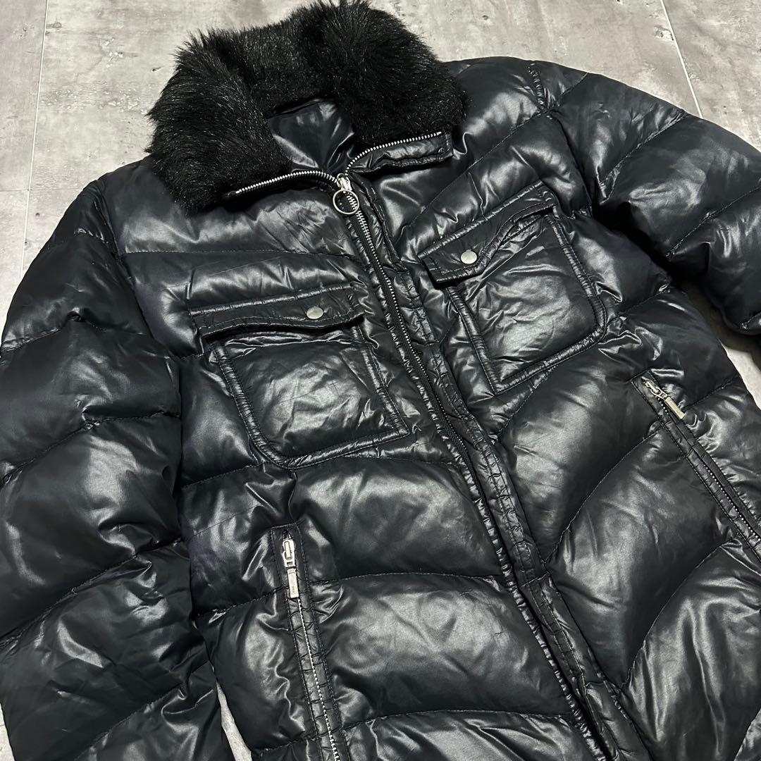 00s Y2K archive 光沢 ファー ダウン ライダースジャケット M