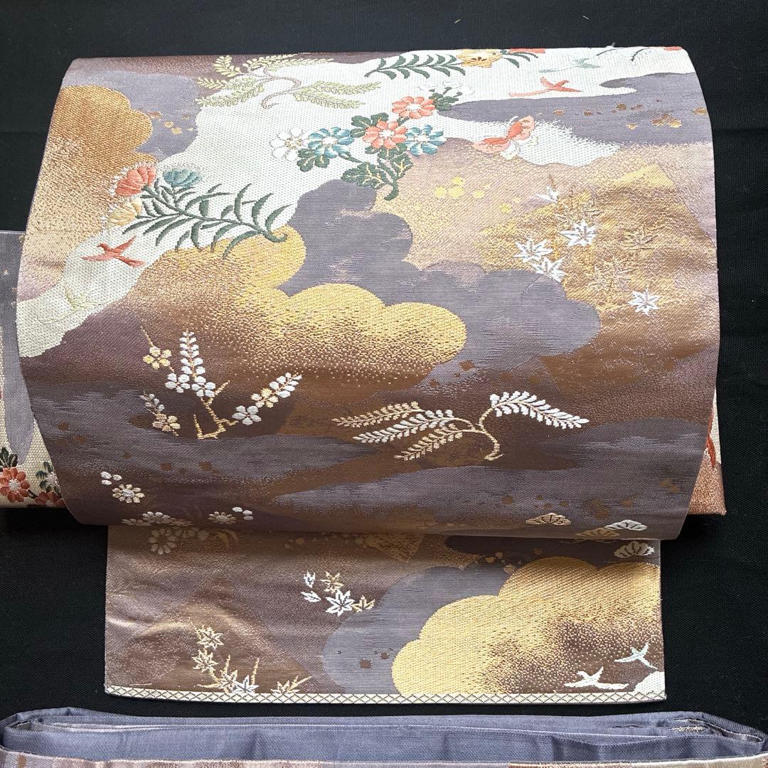 逸品 金 鳥 桜 蝶々 菊 松 正絹 袋帯 二重太鼓 作り帯