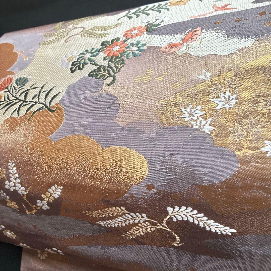 逸品 金 鳥 桜 蝶々 菊 松 正絹 袋帯 二重太鼓 作り帯