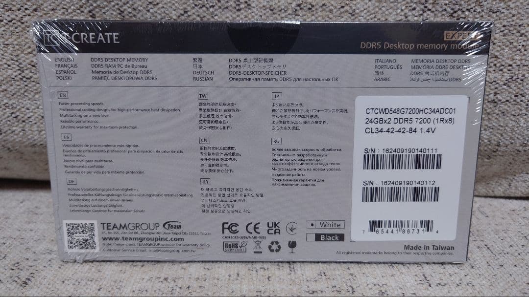 新品 TEAM DDR5 7200mhz 48GB(24GB×2) White