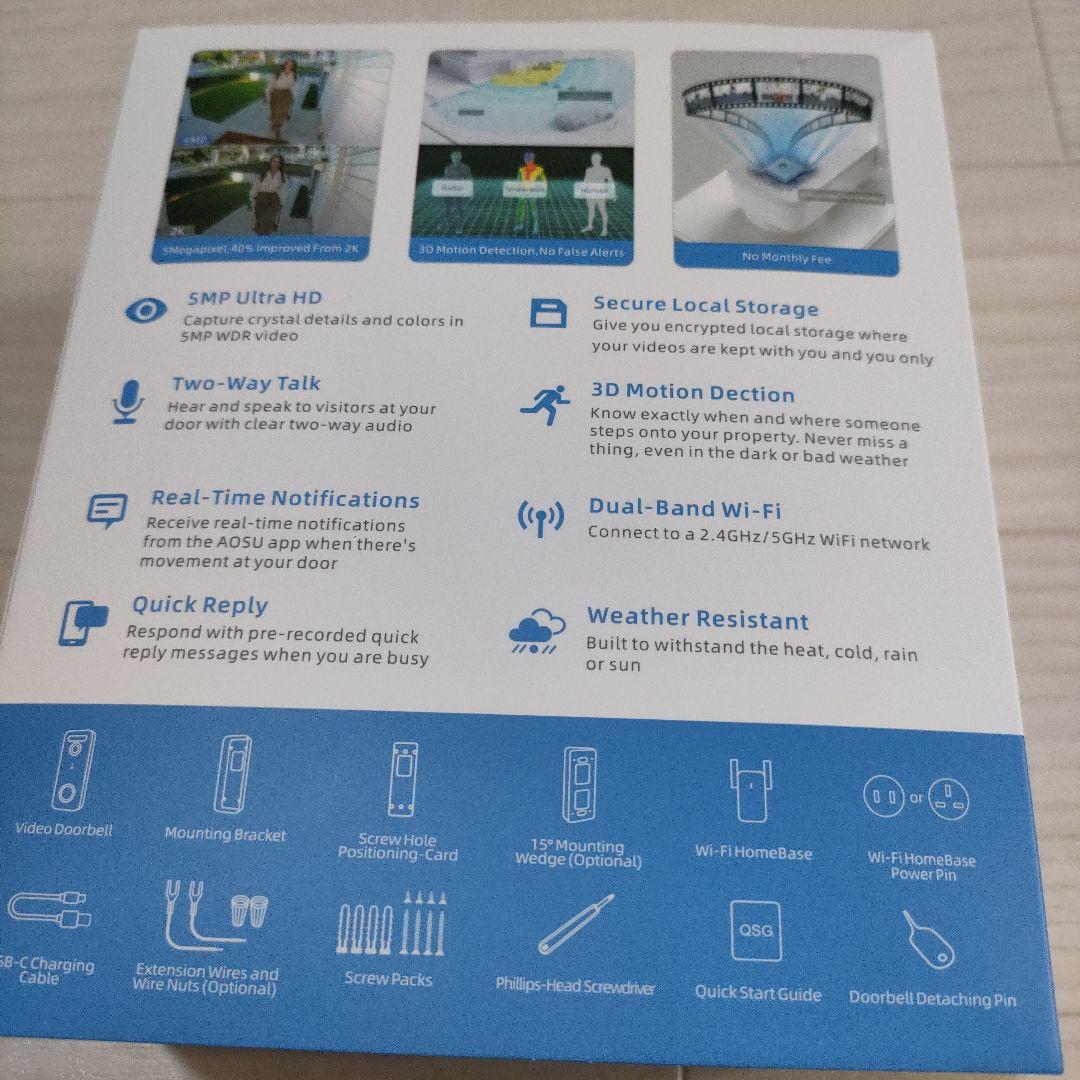 AOSU 5MP画質  ワイヤレスインターホンドアホン 玄関チャイム