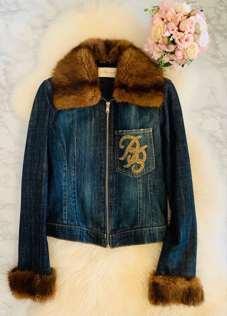 希少　ブルマリン　ファー付き　高級　上品　デニムジャケット