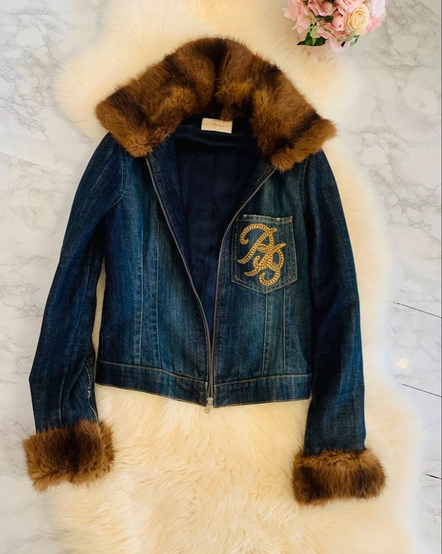 希少　ブルマリン　ファー付き　高級　上品　デニムジャケット
