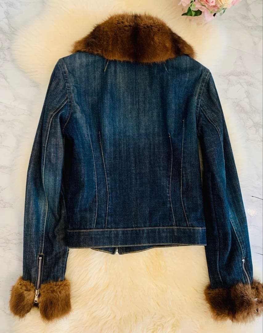 希少　ブルマリン　ファー付き　高級　上品　デニムジャケット