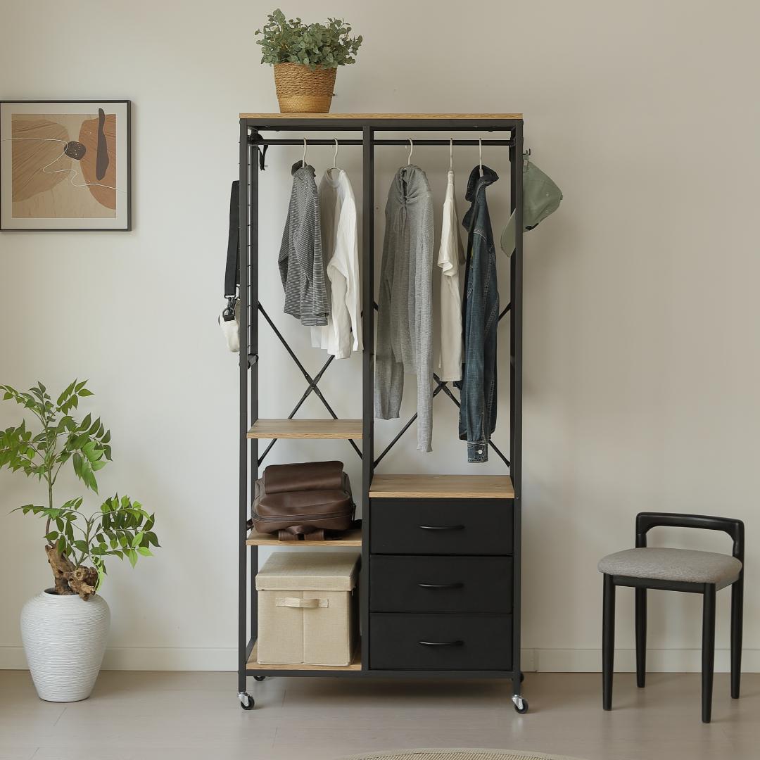 ハンガーラック 引き出し付きスリム 幅80ｘ奥行35cm タンス付き　BLACK