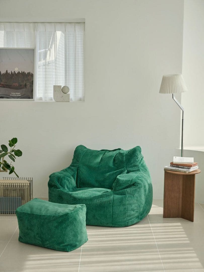 【liさま専用】HUGME 1人掛けビーズソファ グリーン(オットマンつき)