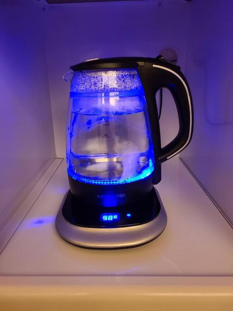 ガラス製電気ケトル 1L 容量 ブルー LEDライト 高い安全性