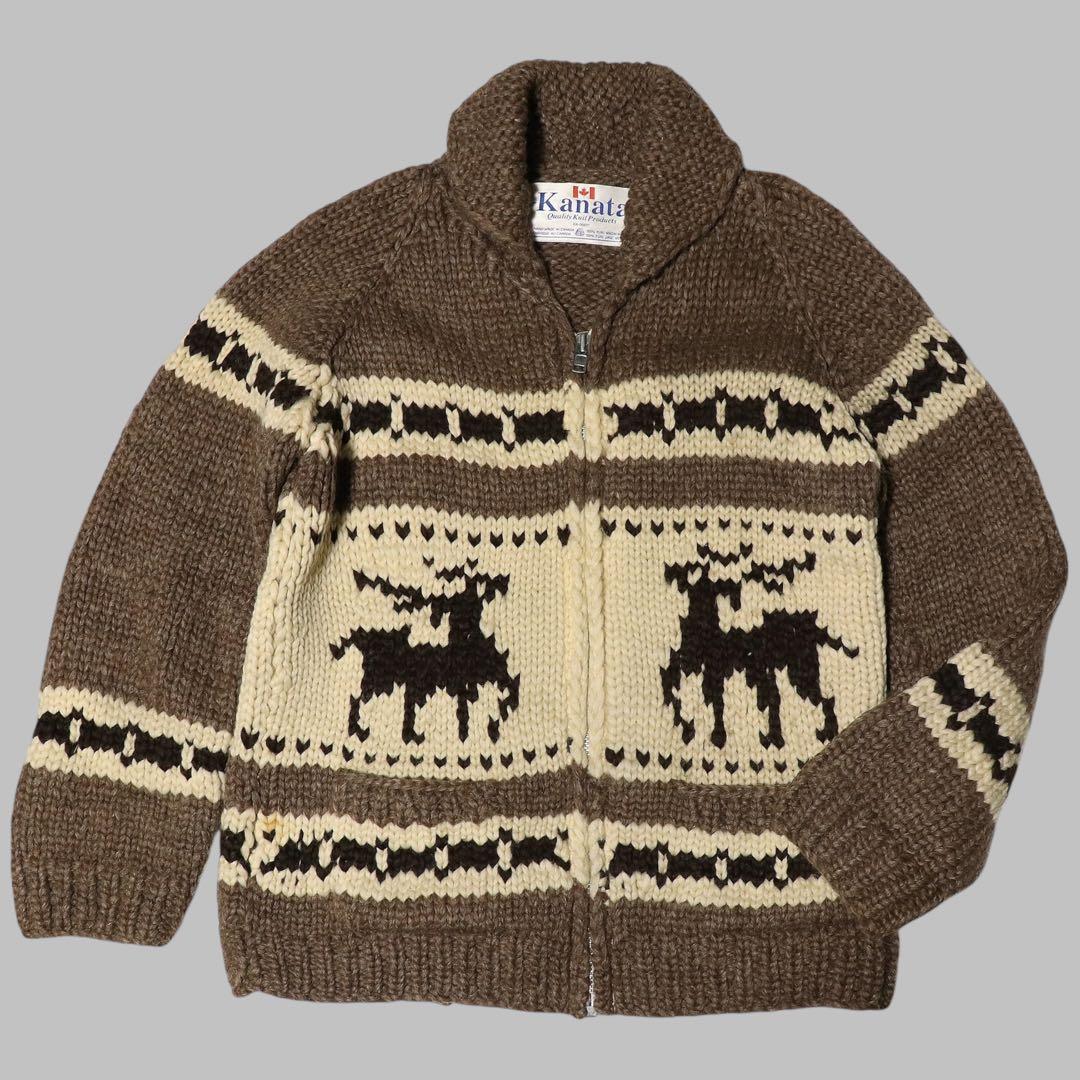 L★KANATA★カウチンニット★トナカイ★カナダ製★カーディガン★ブラウン