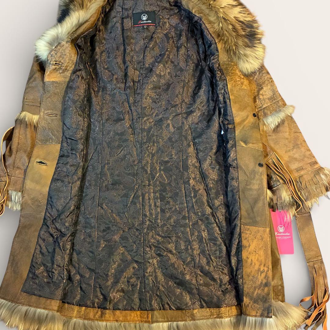 フェアリーグランジ リアルファー レザーロングコート 総柄裏地　ベルト　Y2K