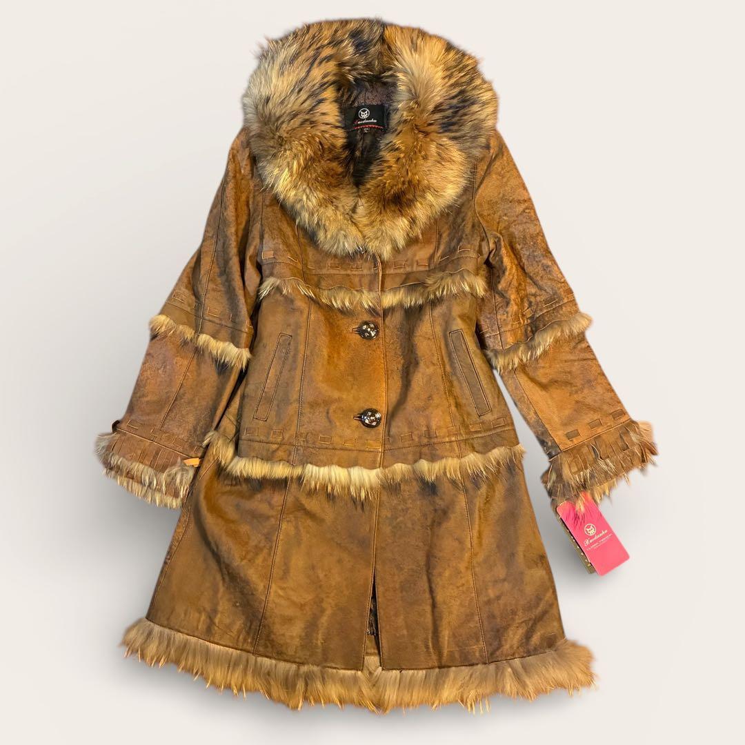 フェアリーグランジ リアルファー レザーロングコート 総柄裏地　ベルト　Y2K