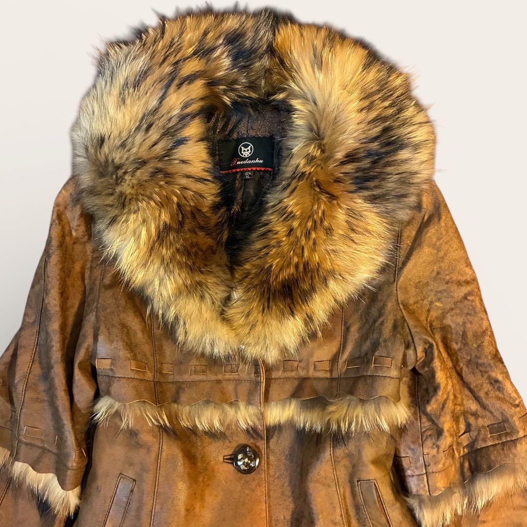 フェアリーグランジ リアルファー レザーロングコート 総柄裏地　ベルト　Y2K