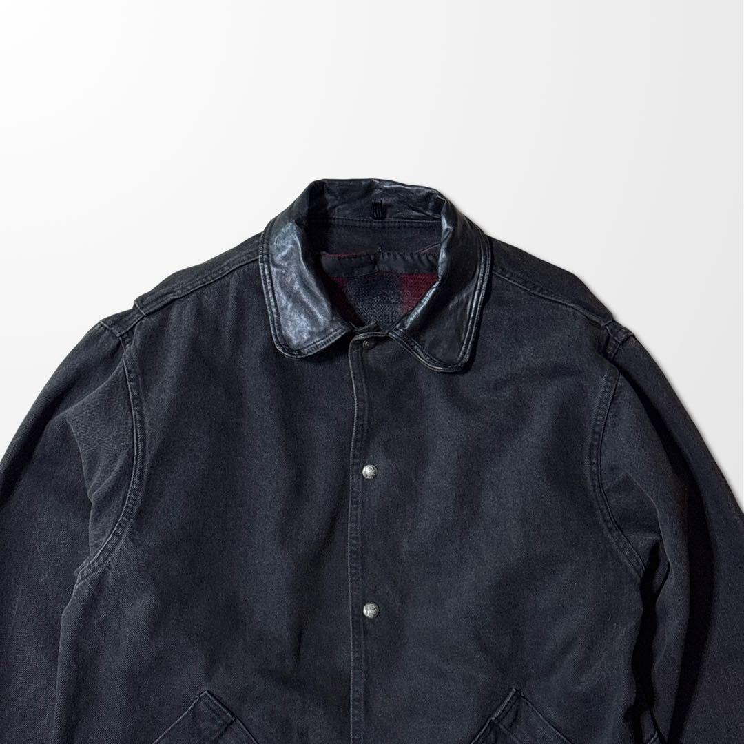 デニム　レザー　ワーク　ジャケット　襟レザー　ブラック　チョア　古着　ブラック