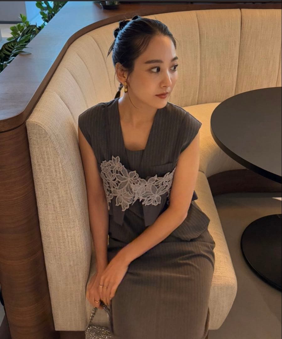 cheeel★グレー レース装飾 ロングドレス