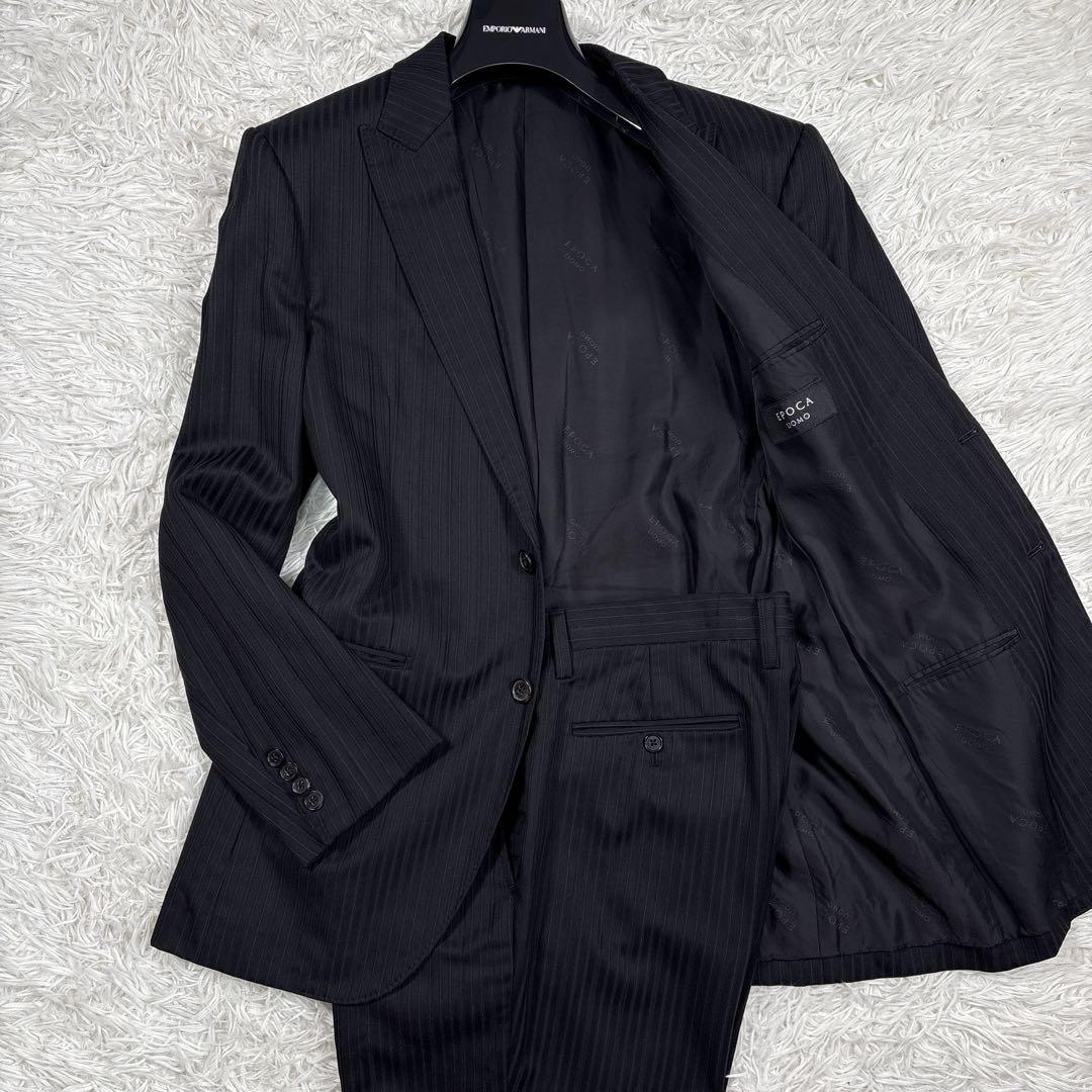 【美品】エポカウォモ ウールシルク混 セットアップ スーツ ストライプ 黒 L