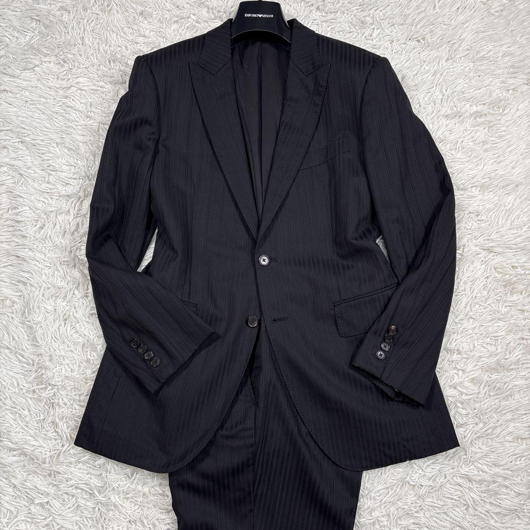 【美品】エポカウォモ ウールシルク混 セットアップ スーツ ストライプ 黒 L