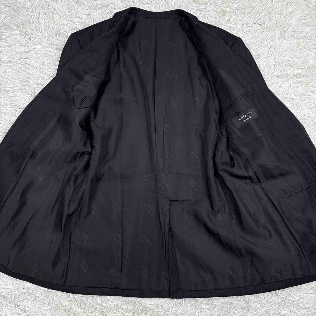 【美品】エポカウォモ ウールシルク混 セットアップ スーツ ストライプ 黒 L