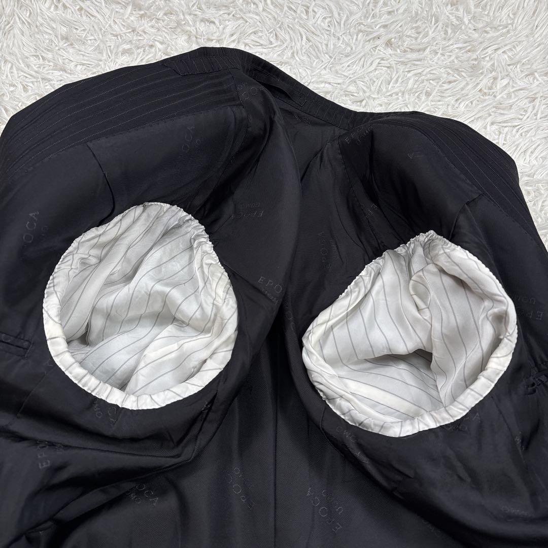 【美品】エポカウォモ ウールシルク混 セットアップ スーツ ストライプ 黒 L