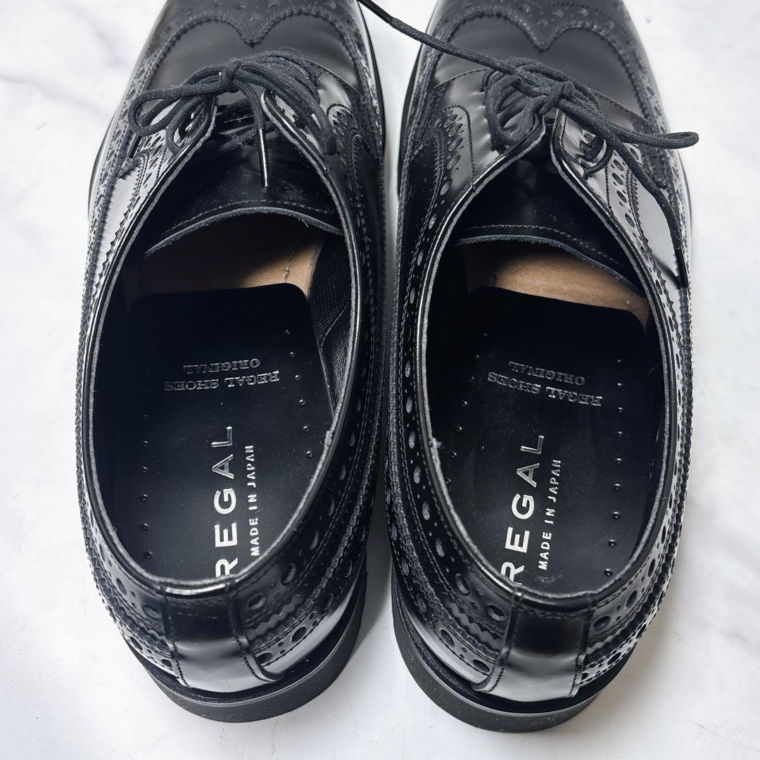 極美品 リーガル レザーシューズ W35B ウィングチップ 厚底 メダリオン 黒