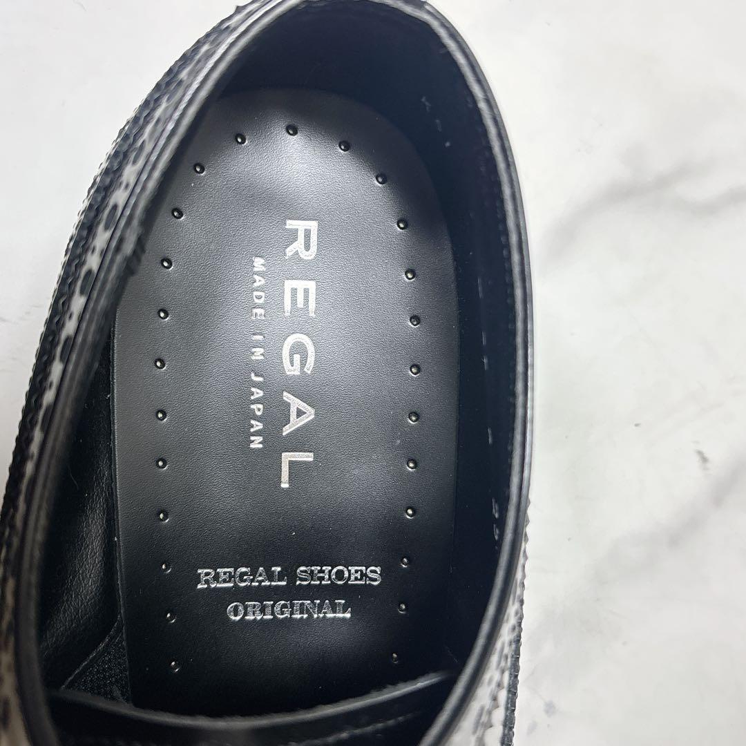 極美品 リーガル レザーシューズ W35B ウィングチップ 厚底 メダリオン 黒
