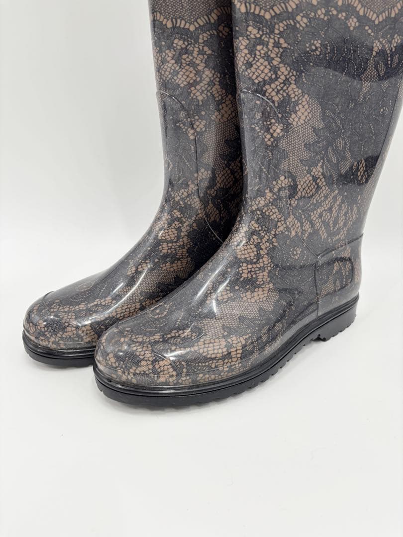 【VALENTINO】レインブーツ　ブラック　ベージュ　レース柄　38サイズ