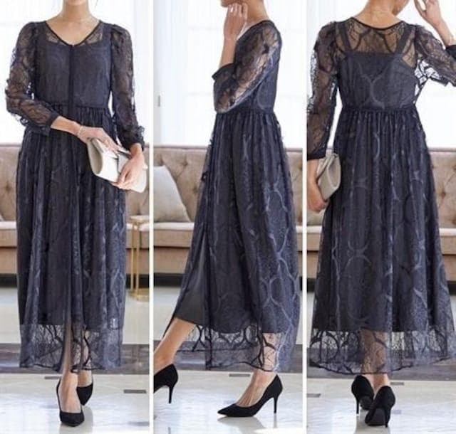 新品☆Lくすみカラー♪総レース重ね着ワンピースドレス♪着回し◎♪結婚式☆a173