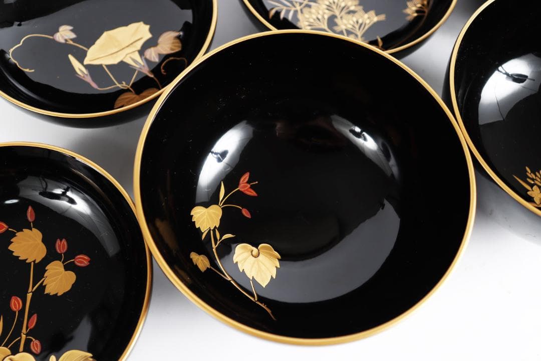 輪島塗 草花絵替 図替 蒔絵 煮物椀 五客 浅己　浅見②