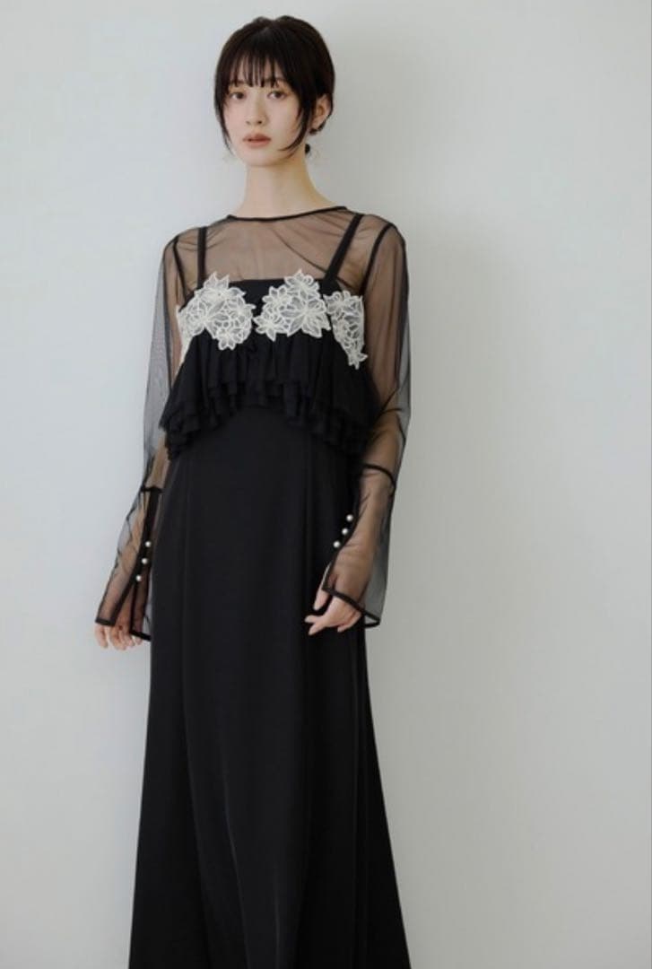 シースルーフリルドレス 黒　結婚式　お呼ばれドレス