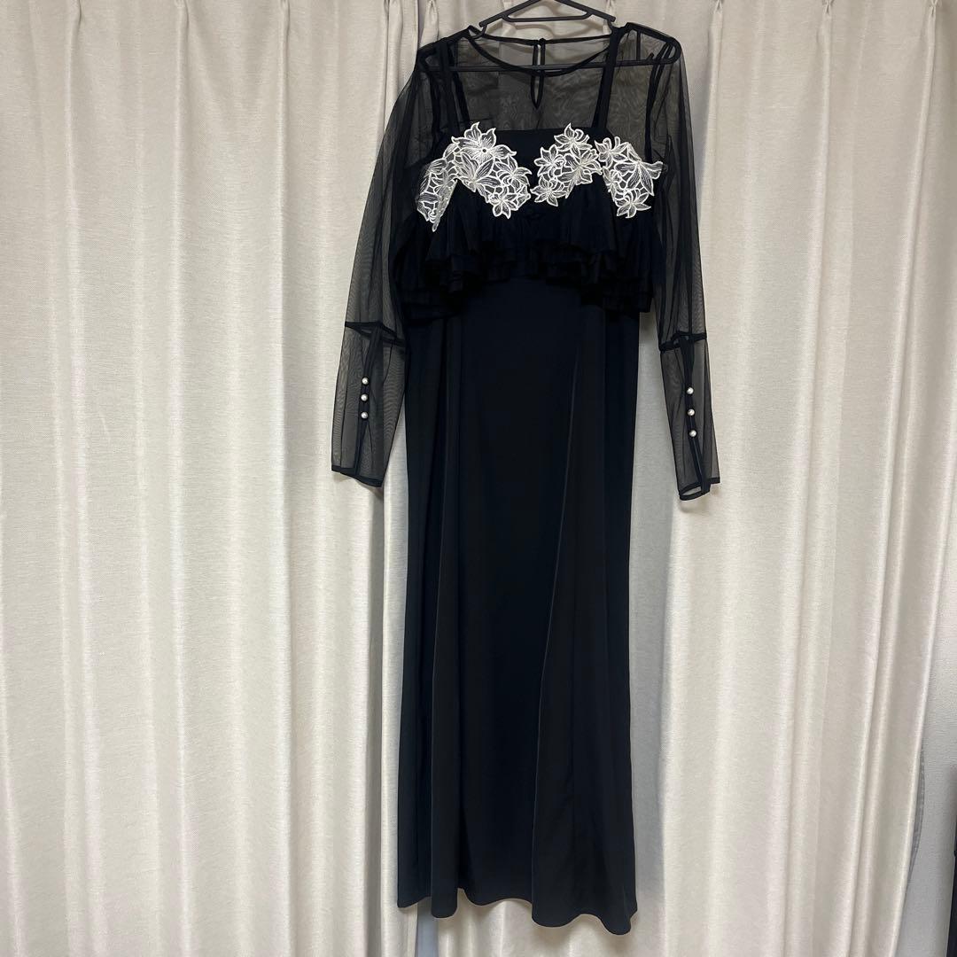 シースルーフリルドレス 黒　結婚式　お呼ばれドレス