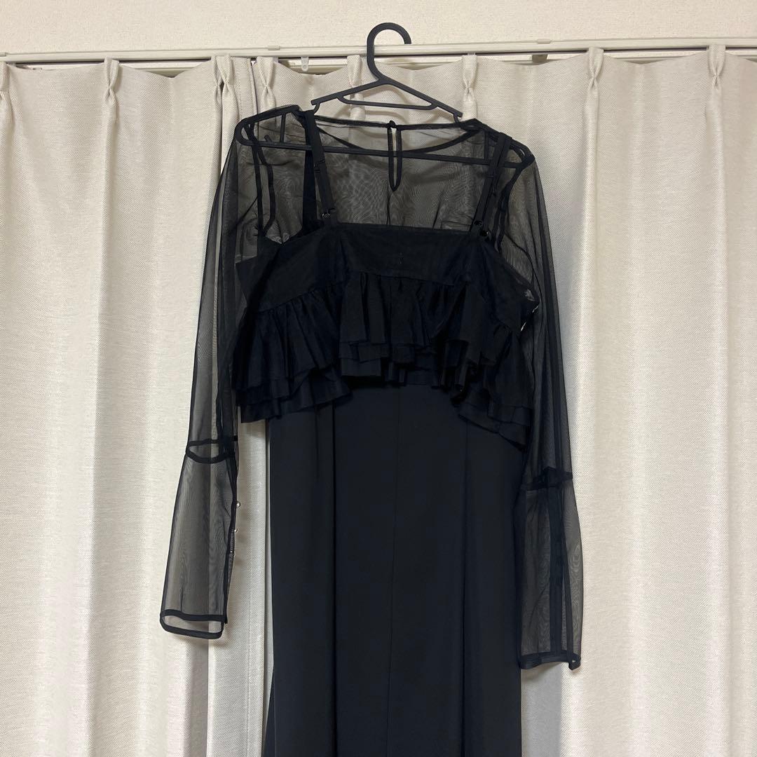 シースルーフリルドレス 黒　結婚式　お呼ばれドレス