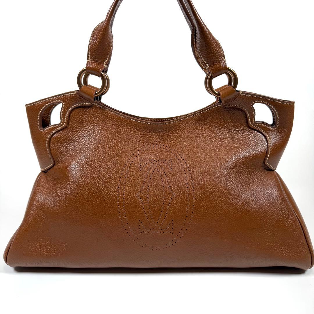 【未使用に近い】カルティエ　ハンドバッグ　マルチェロ　レザー　シボ革　ブラウン