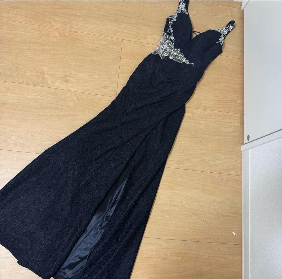 最終価格！イルマ ビジュー ロングドレス キャバ ラメ スリット ブラック